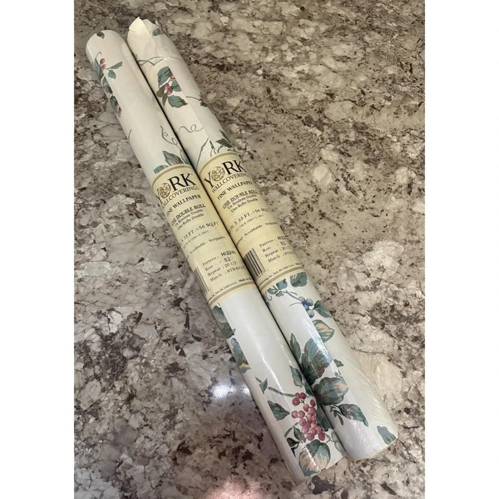Vintage York Wallcoverings Cottagecore Botanical Fruit HI2246, 56 Sq Ft Lot Of 2